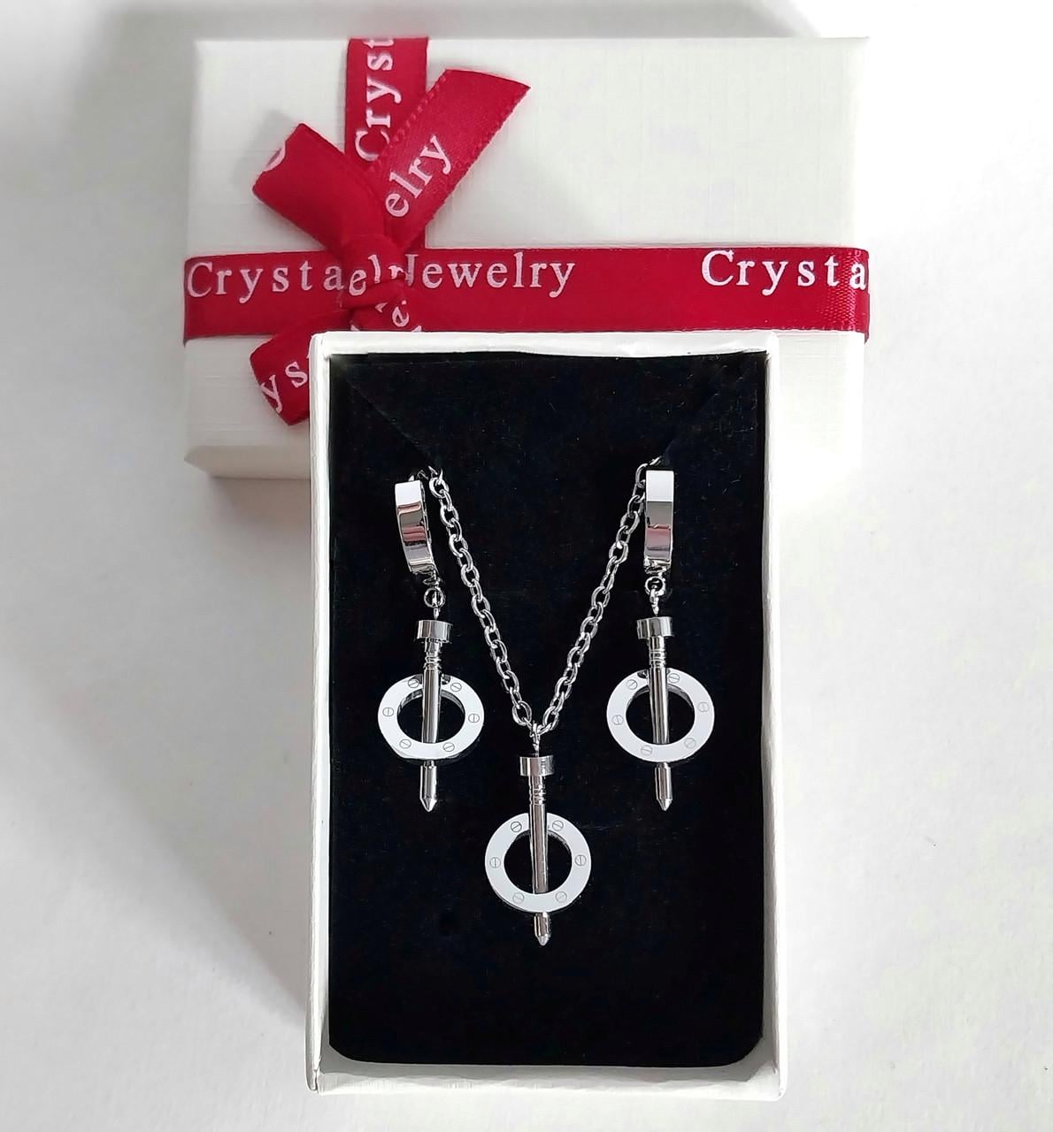 Набор украшений Xuping Jewelry серьги и колье гвозди в кольце ювелирная сталь серебристая в коробочке (83093513)
