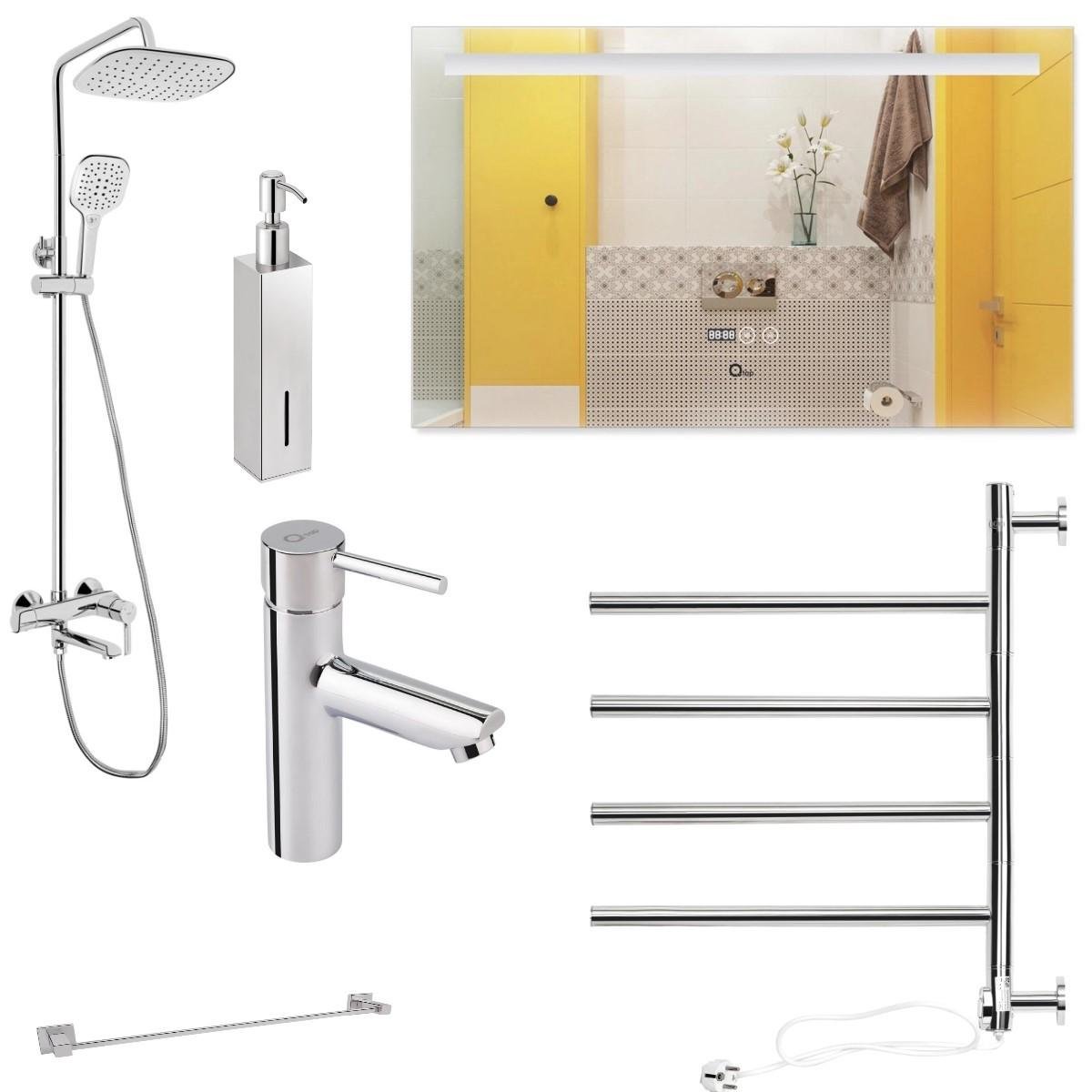 Набор Q-tap 6в1 душевая стойка/зеркало/полотенцесушитель/кран дозатор и держатель полотенец 100х600 см