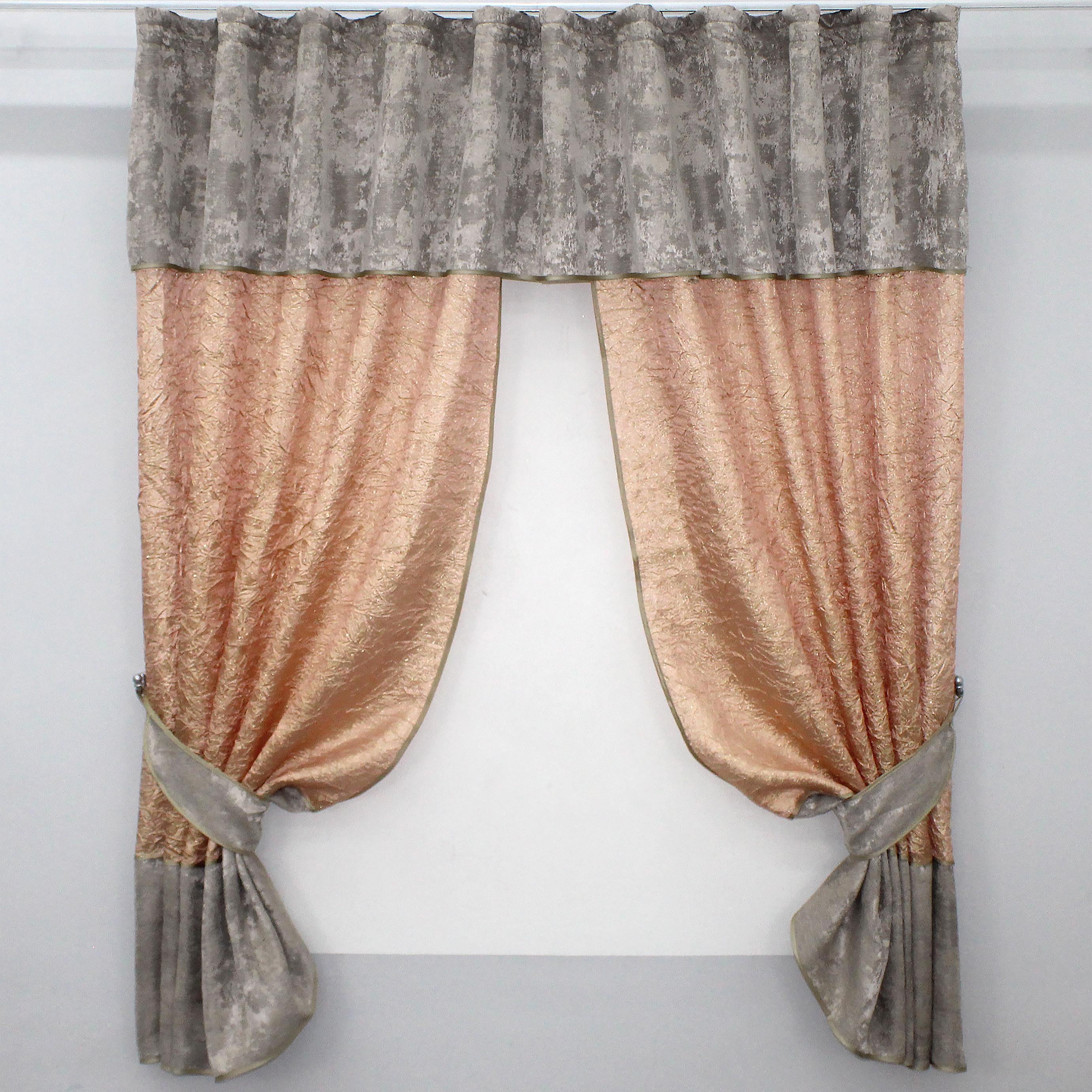 Шторы кухонные VR-Textil №073к с ламбрекеном и подхватами 275х170 см Персиковый/Кофейный/Серый (52-0476)
