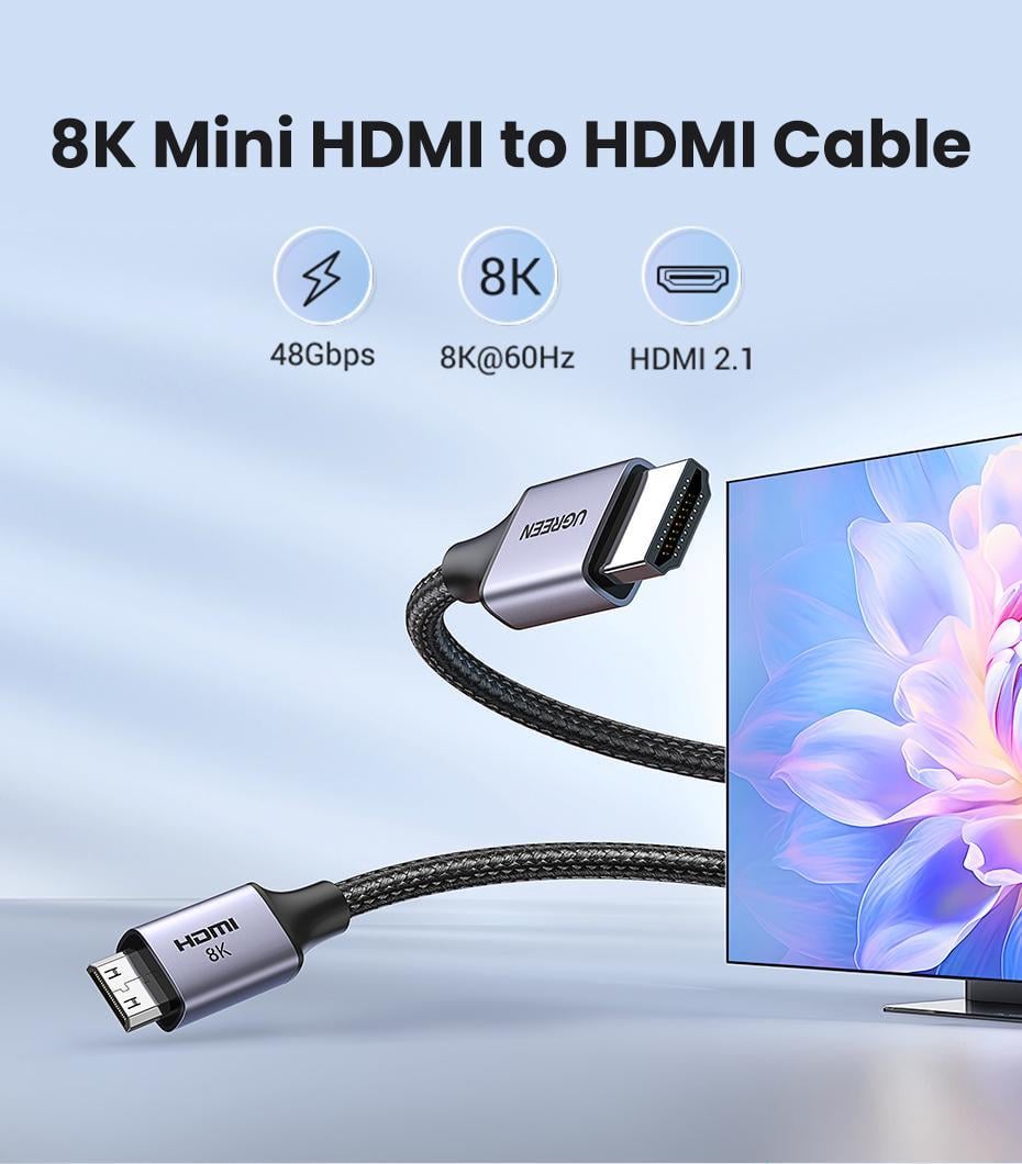 Кабель двунаправленный UGREEN mini HDMI-HDMI 2.1 8K 60Hz 4K 144Hz 1080P 240Hz 48 Гбит/с HDR 10+ eARC HDMI-C на HDMI-A 1 м Черный (15514) - фото 2