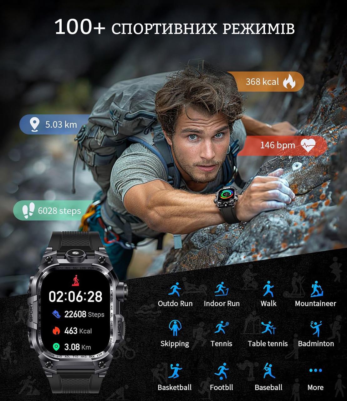 Смарт-годинник чоловічий Lige військовий зі світлодіодним ліхтариком для Android iOS 2,01" - фото 7 Смарт-годинник чоловічий Lige військовий зі світлодіодним ліхтариком для Android iOS 2,01" - фото 7