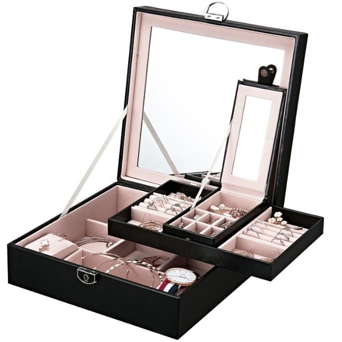 Шкатулка с зеркалом, замком и ключом 25,5х25,5х9 см Черный (ШДД-1-2)