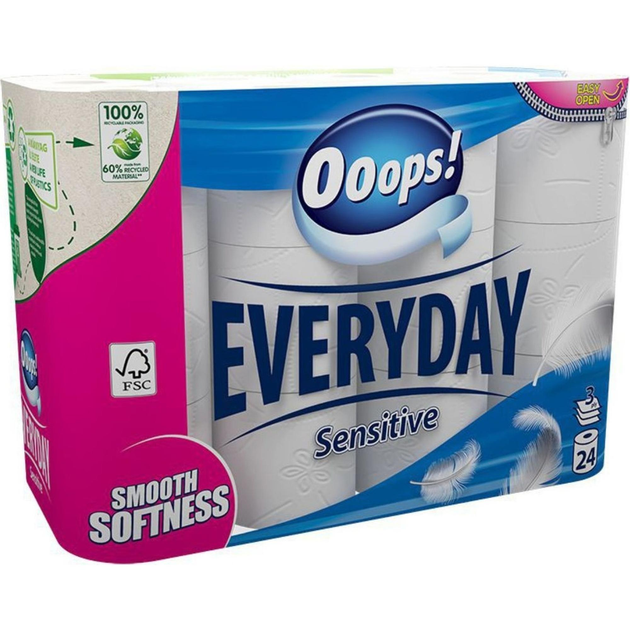 Туалетная бумага трехслойная для чувствительной кожи Ooops на 115 отрывов 24 рулона.