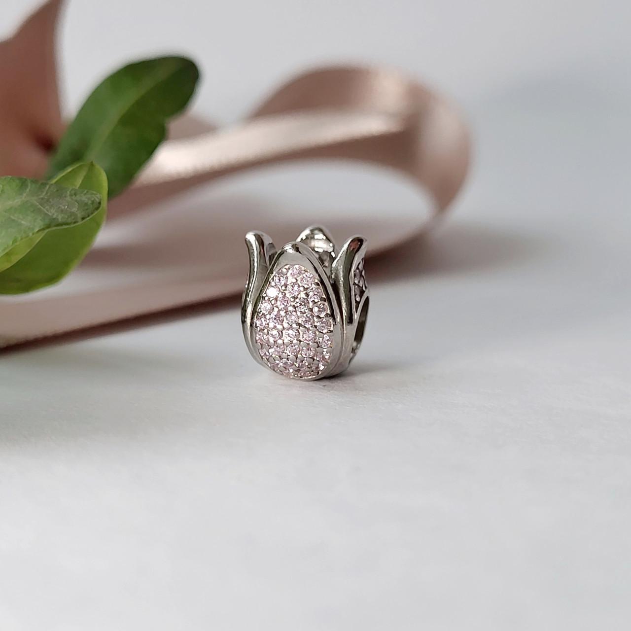 Шарм підвіска Тюльпан з рожевими каменями срібло 925 проби 2 г (84857р)