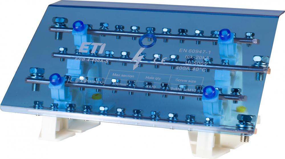 Шина кросс-модуль ETI EDB-4-400A-S 4х10 отворів 400А 3L+PE/N на DIN-рейку (1102313)