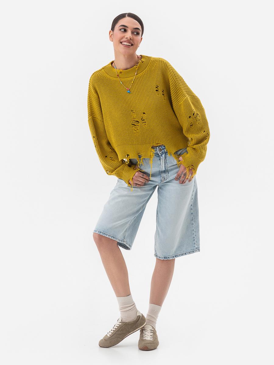 Свитер женский с рваным эффектом SVTR р. 42-50 Горчичный (562) - фото 3
