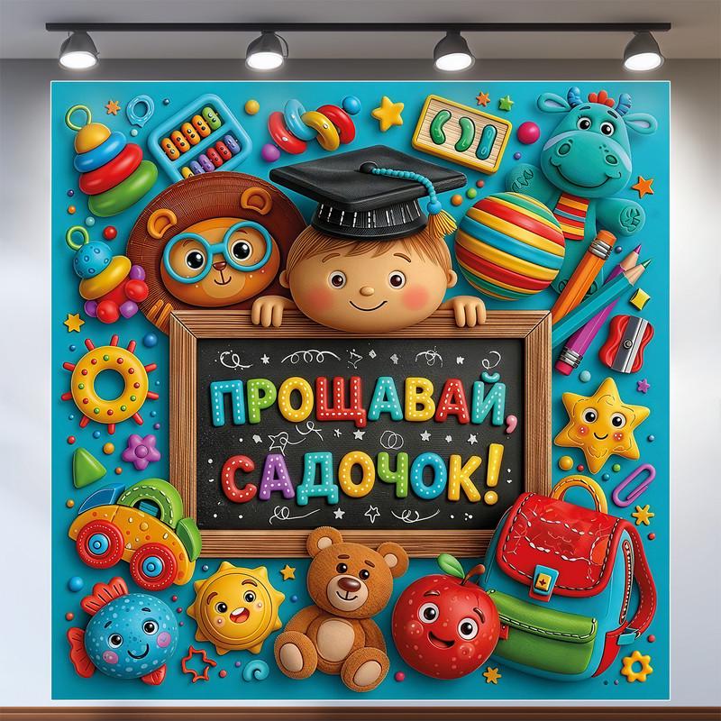 Баннер для фотозоны на выпускной в детском саду "Прощавай садочок" с мальчиком и рюкзаком 120х120 см