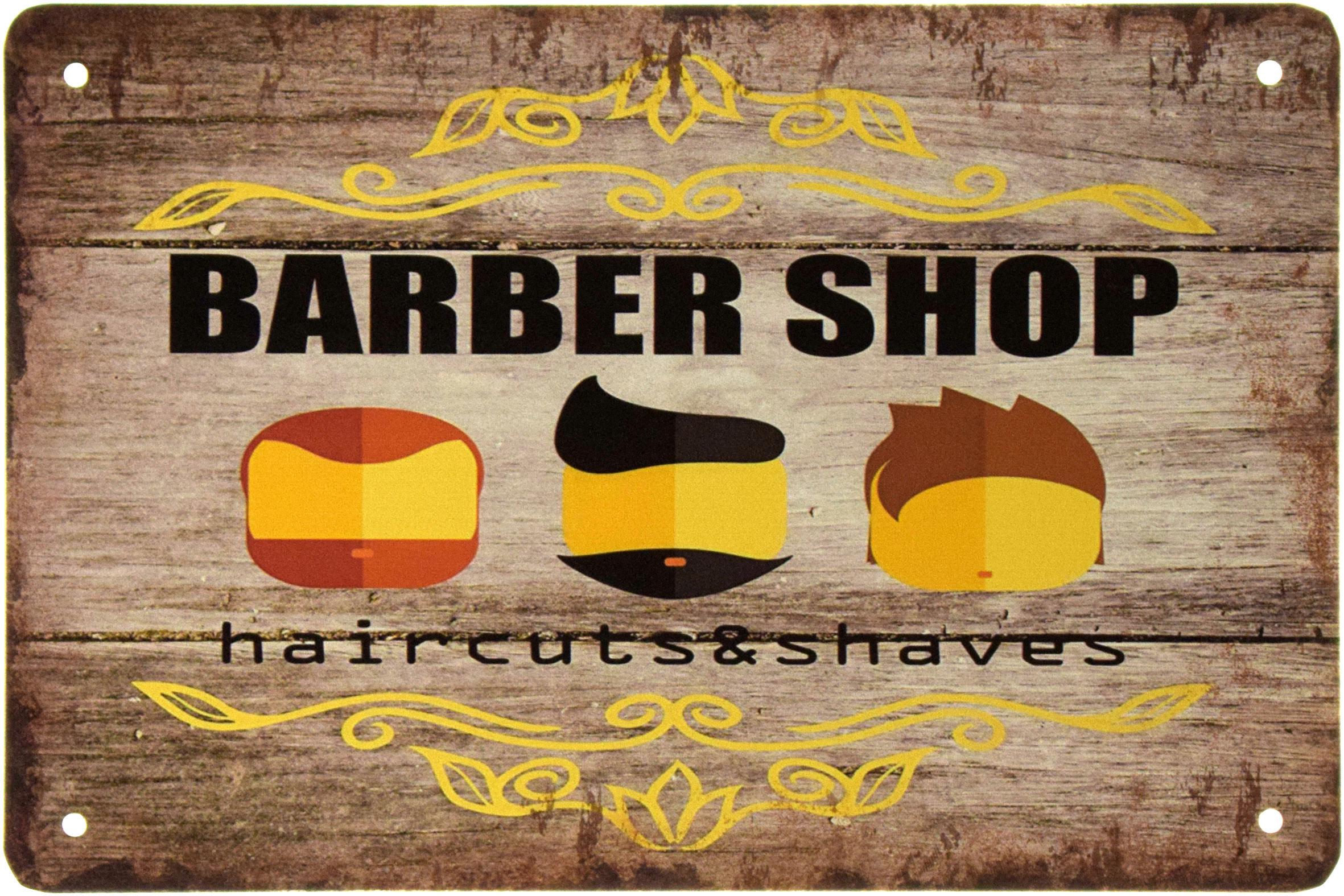 Табличка металлическая Барбершоп Стрижка И Бритье/Barber Shop Haircuts & Shaves 20x30 см
