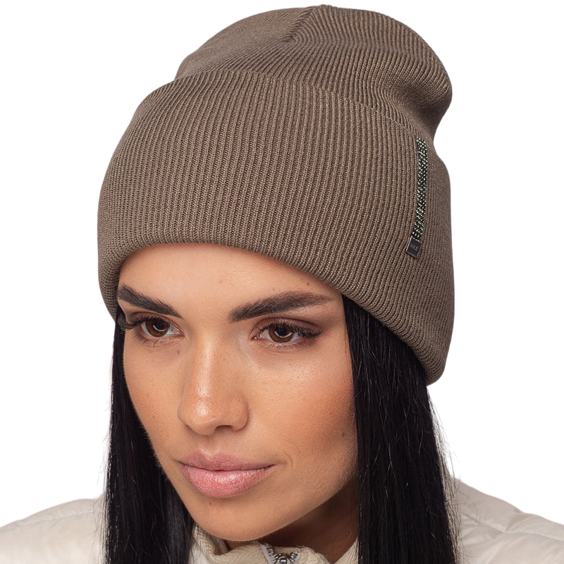 Шапка женская Leks СТРАЗА шерстяная двойная демисезонная с отворотом One size Светлый хаки (122251)