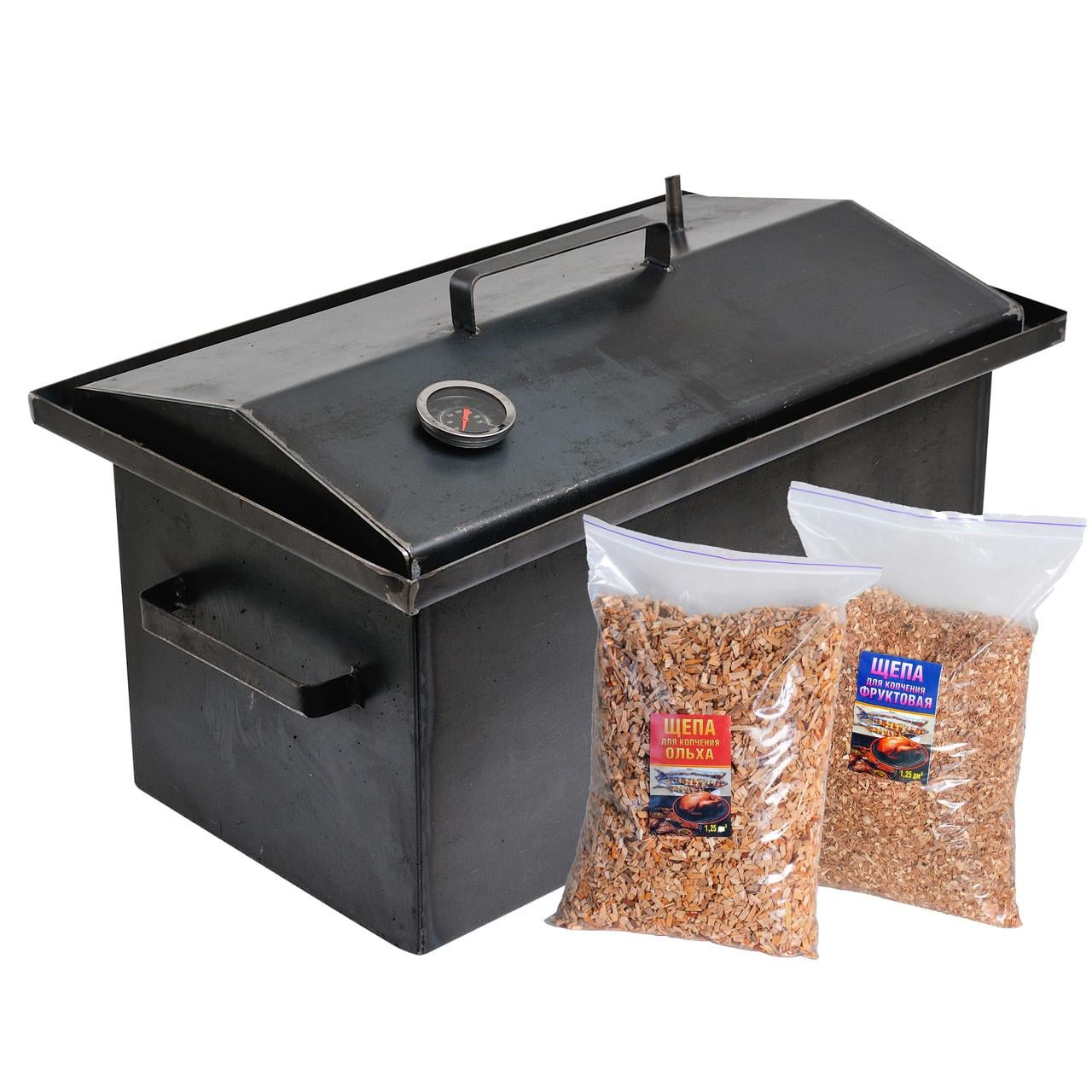 Коптильня горячего копчения 2 мм 520х320х300 мм с термометром + треска 2 кг