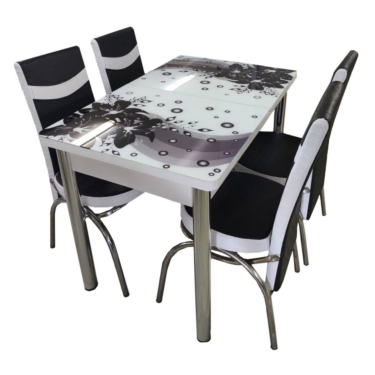Комплект обідній розкладний Туріно (стіл  4 стільця) скло білий з чорним/МДФ білий, метал хром Woody, 1638 Чорні квіти