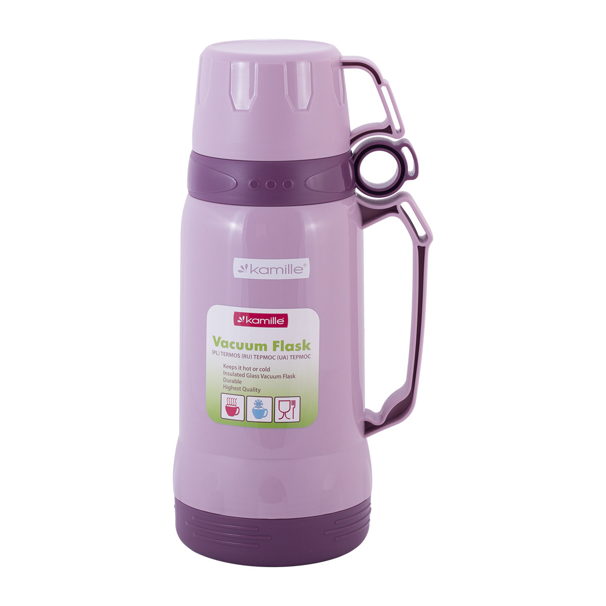Термос Kamille 1000 мл пластиковый со стеклянной колбой Фиолетовый KM-2023FL