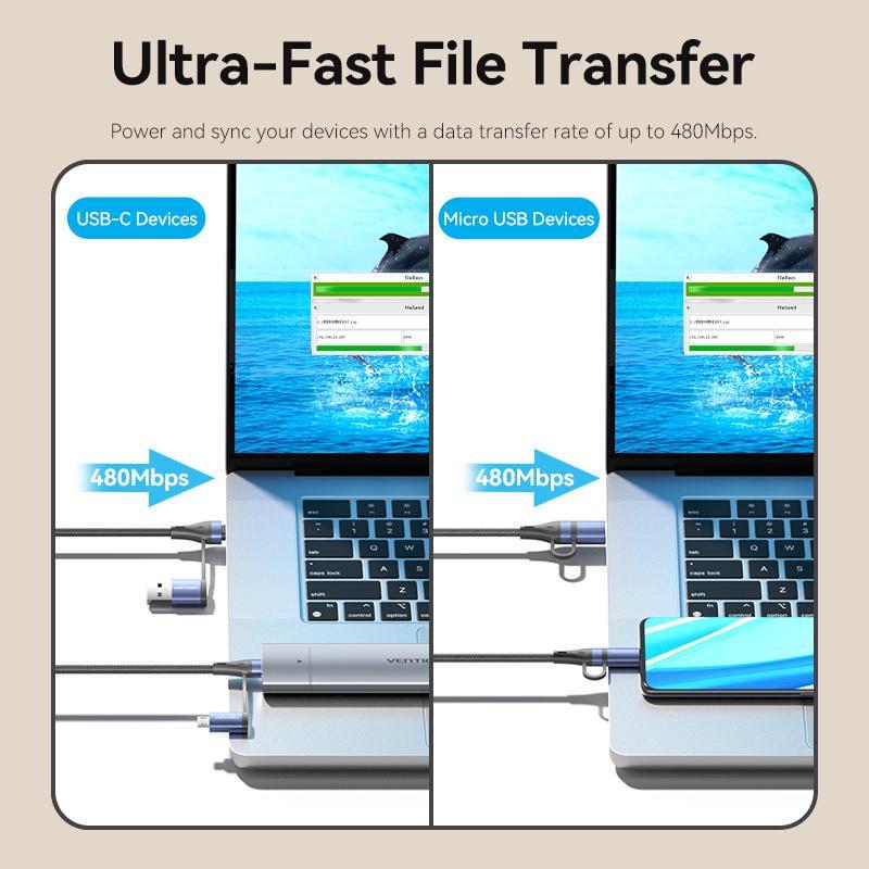 Кабель Vention USB + Type-C-Type-C + Micro-USB 100Вт 5А/20В 480 Мбіт/с USB-A + USB-C на USB-C + Micro-B PD нейлоновий шнур 2 м Чорний (CTLLH) - фото 11