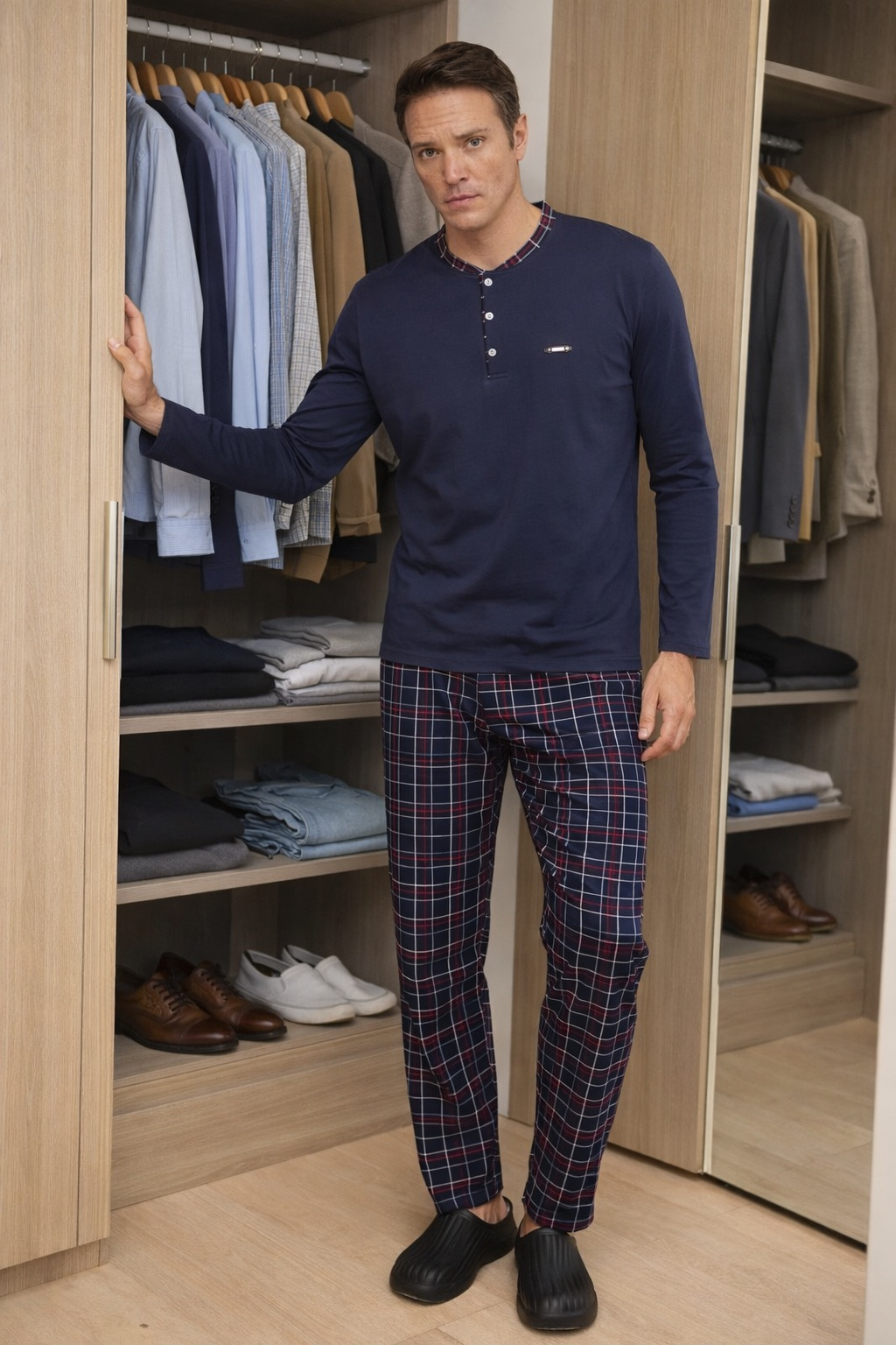 Піжама чоловіча бавовняна Cameron лонгслів та штани в клітину L Темно-синій (PJ6300-8/1)