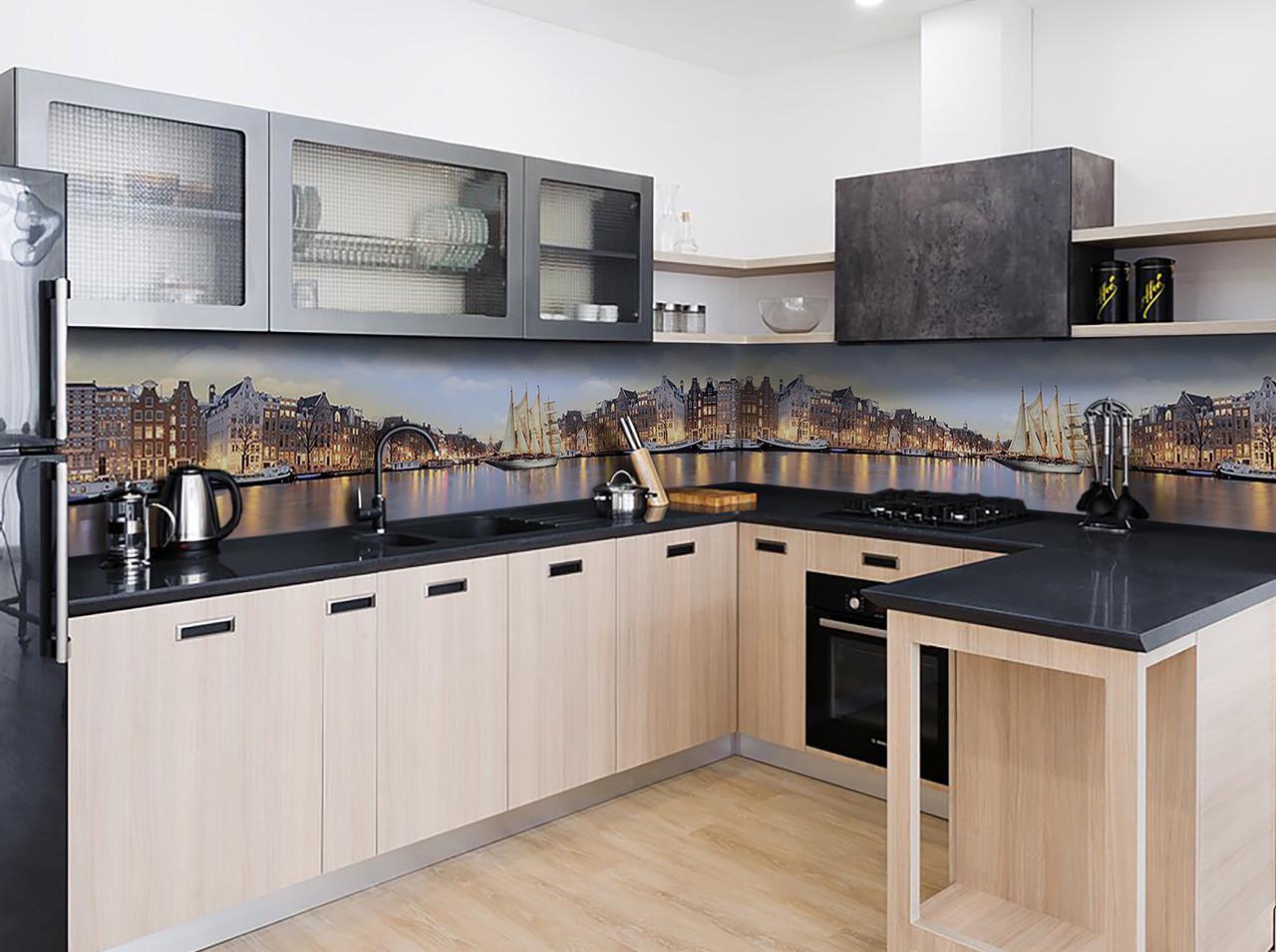 Кухонный фартук Скандинавские домики и бухта из самоклеющейся виниловой пленки 60х300 см Бежевый