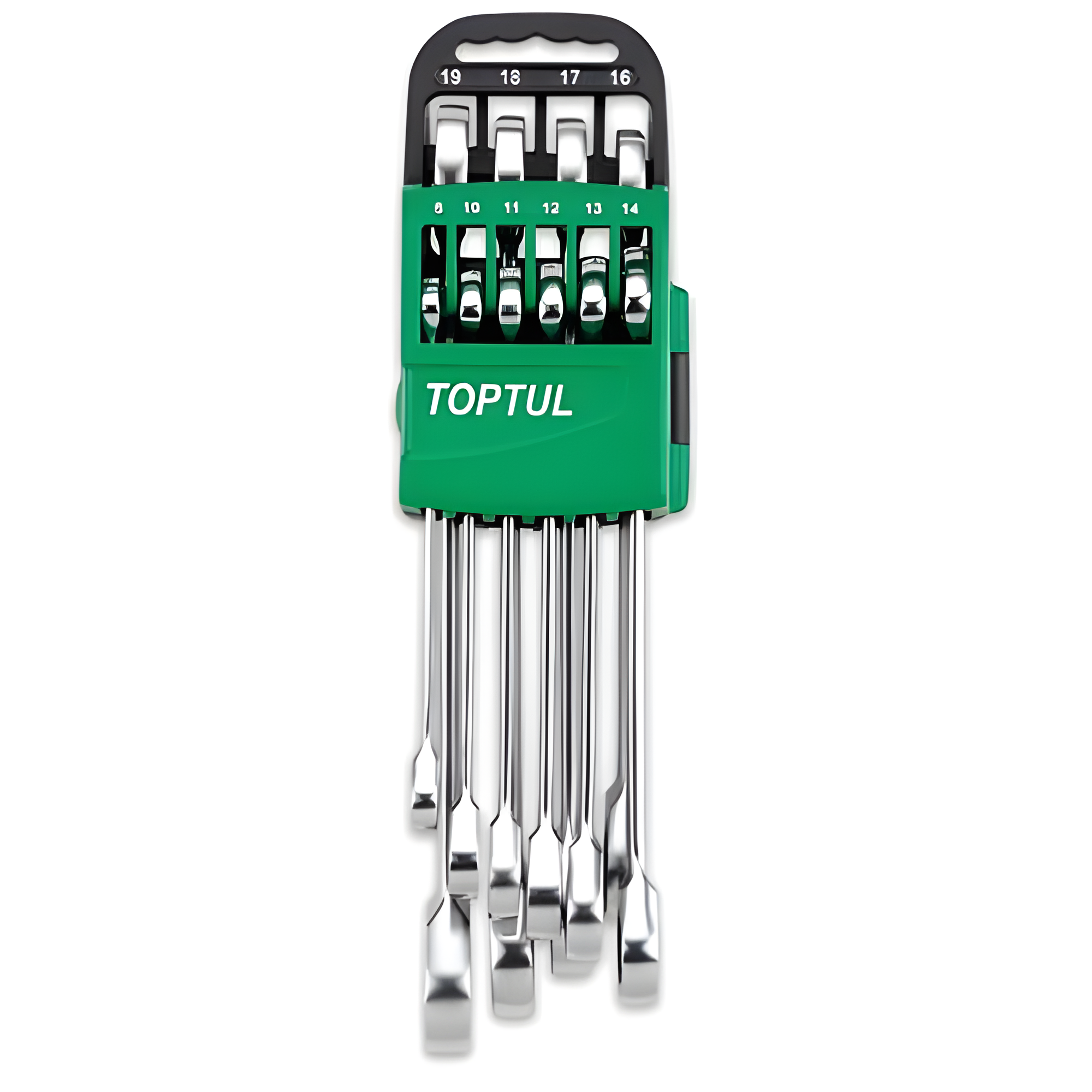 Набор ключей комбинированных с трещоткой Toptul GSCQ1001 профессиональный 10 единиц 8-19 мм на холдере Хром (147-112-GSCQ1001)