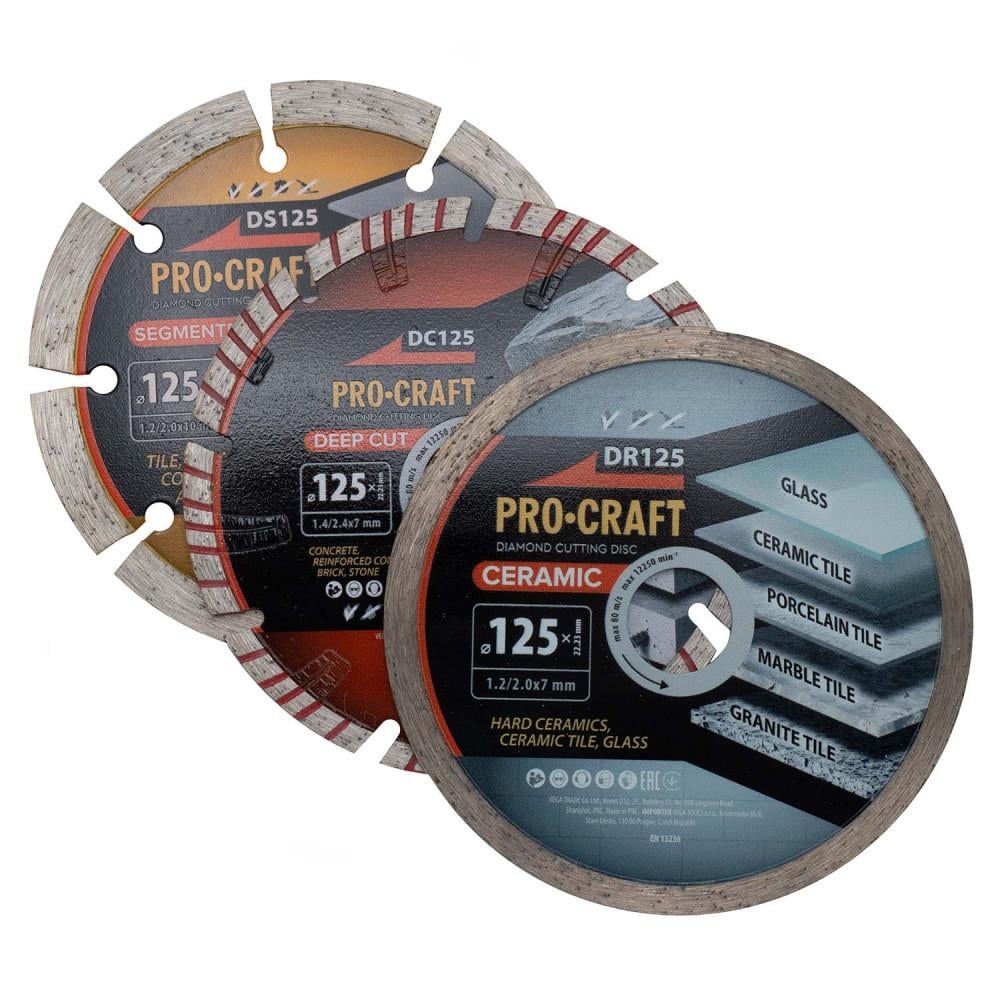 Набор алмазных дисков Procraft DS3-125 SEGMENT/DEEP CUT/CERAMIC для бетона/плитки 3 шт. 125х22,23 мм