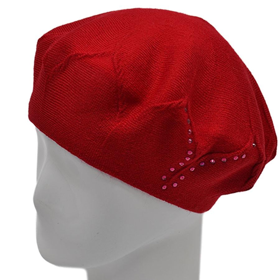Берет Lirus Ирис двойной из шерсти тонкой вязки сбоку с камнями р. 56-58 Красный