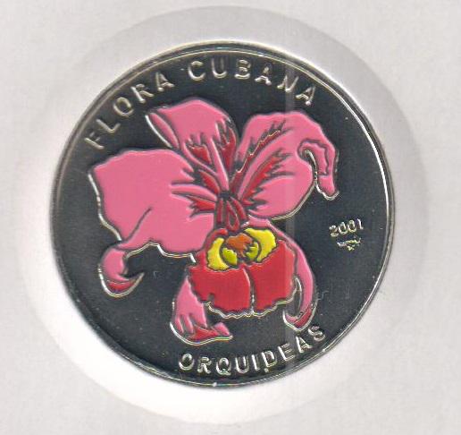 Коллекционная монета Куба 1 песо 2001 Кубинская флора Орхидея розовая UNC (KM#831)