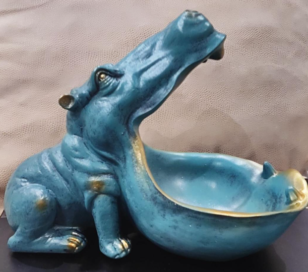 Пепельница-органайзер с ключницей Бегемот Голубой с позолотой (Арт1363)