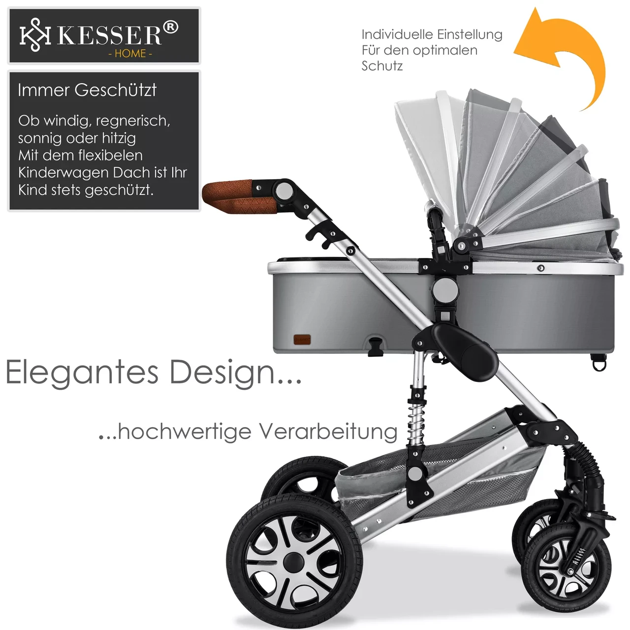 Коляска детская с автокреслом KESSER 3в1 94x64x119 см Серый/Серебряный - фото 6
