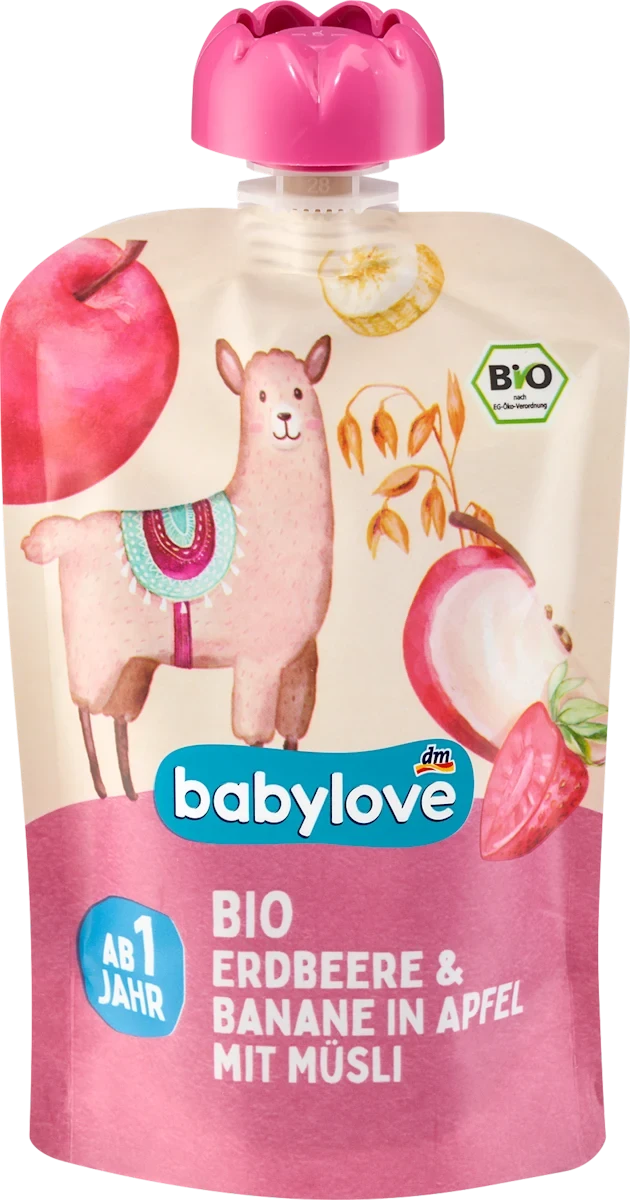 Пюре фруктово-злаковое со вкусом клубника/банан/яблоко/мюсли для детей с 12 месяцев (ПП-014)