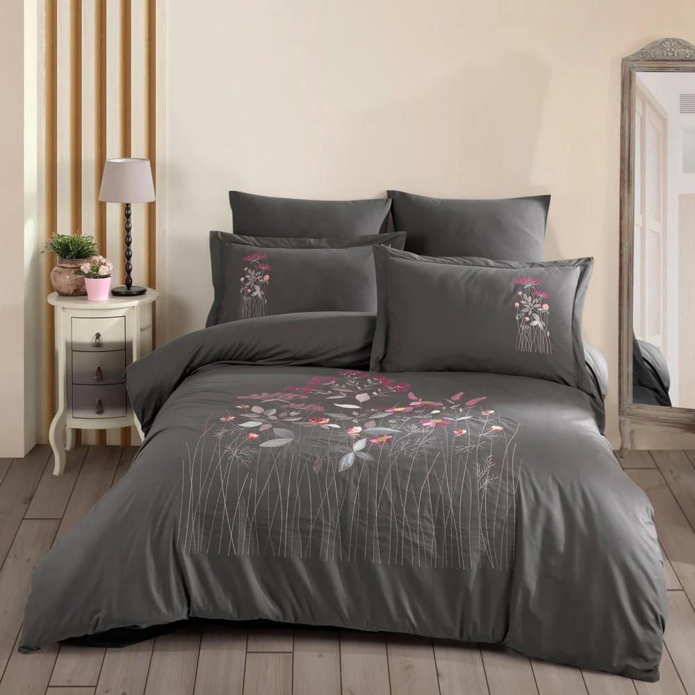 Комплект постільної білизни Hobby Poplin EMILIA з вишивкою 200х220/50х70 см 2 шт. Сірий (8698499179851)