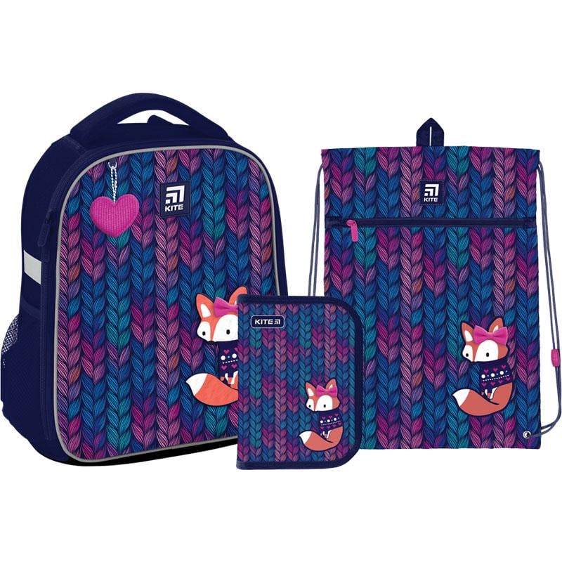 Рюкзак школьный для девочек KITE Education Fox SET_K22-555S-1 ортопедический с пеналом и мешком Синий