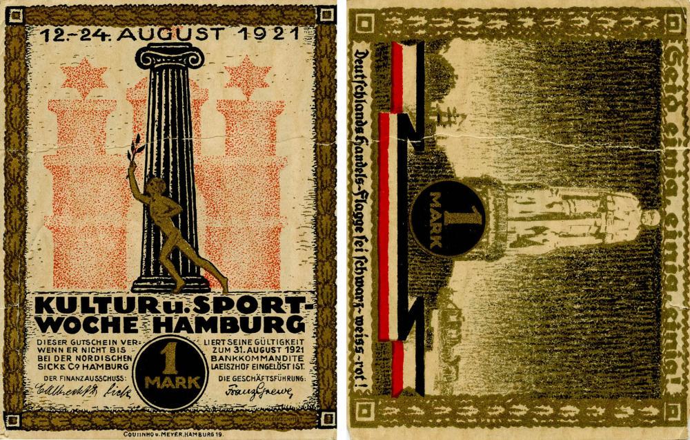 Коллекционная банкнота Германия Нотгельд 1 марка 1921 F-VF Гамбург Разновидность 2 (Б18383)