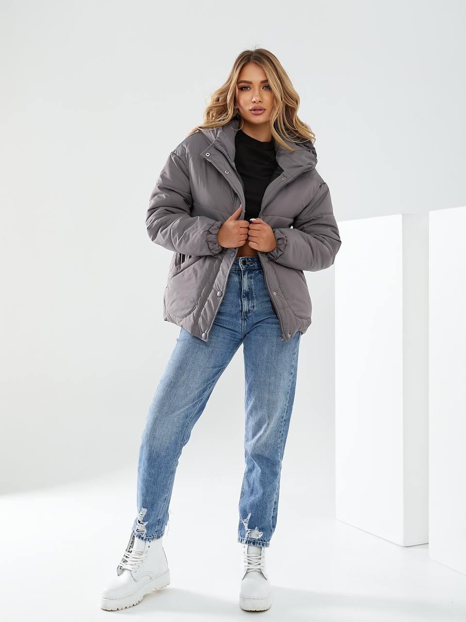 Куртка утепленная Khan короткая с поясом р. 42 Темно-серый (Kh332)