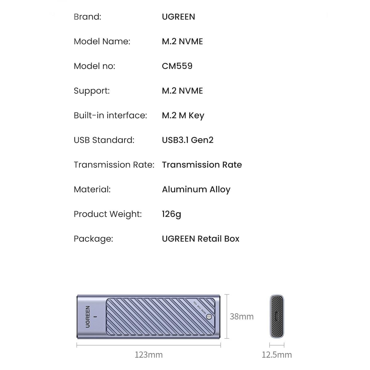 Корпус для жорсткого диска UGREEN CM559 M.2 NVMe SSD Enclosure 10Gb/s Gray (15511) - фото 10