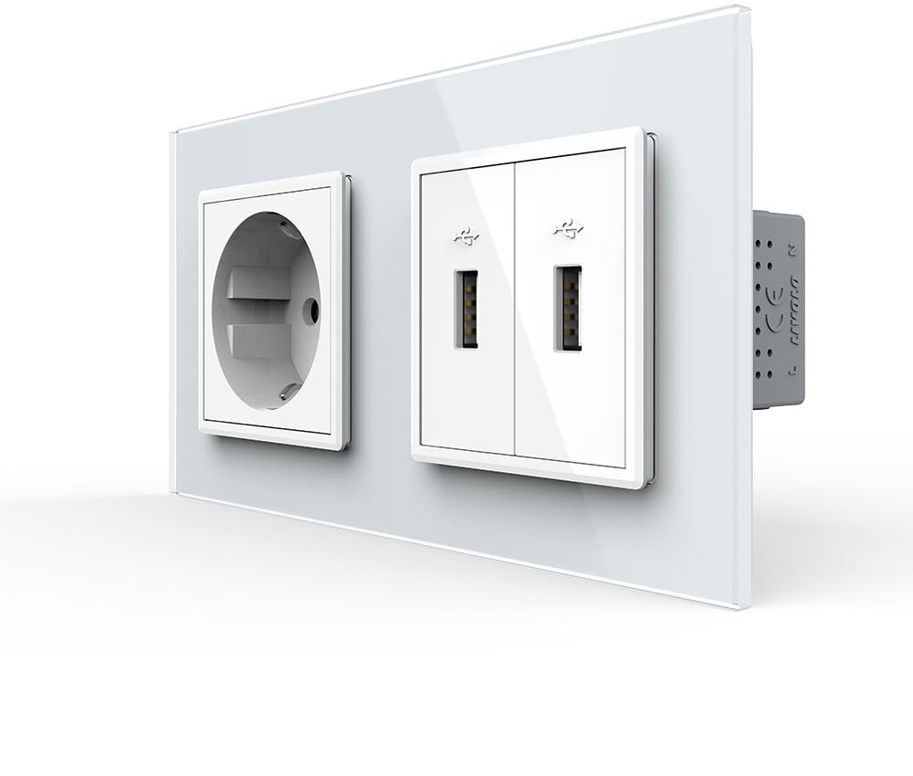 Розетка настенная LIVOLO с заземлением/двумя USB Розетка настенная мы дизайнерская стеклянная рамка Белый (VL-C7FCTC16A/FCUA/FCUA-4WP)
