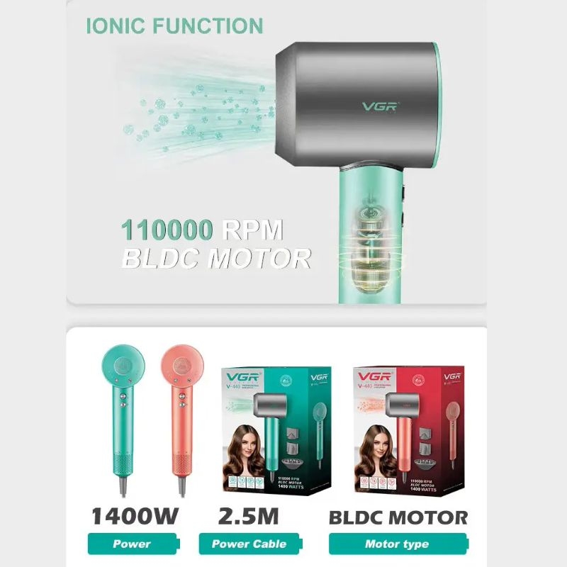 Фен для волос VGR V-440 профессиональный 1400 Вт Green (tf7291) - фото 14 Фен для волос VGR V-440 профессиональный 1400 Вт Green (tf7291) - фото 14