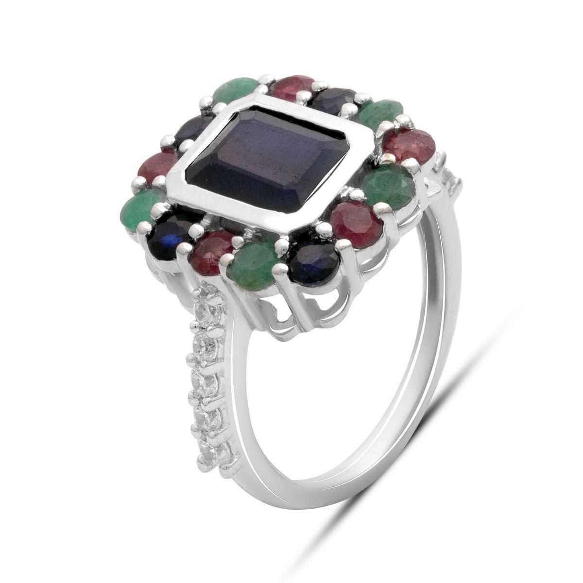 Кольцо серебряное LoveR с прямоугольной вставкой натурального сапфира и инкрустацией изумрудов и рубинов р. 18