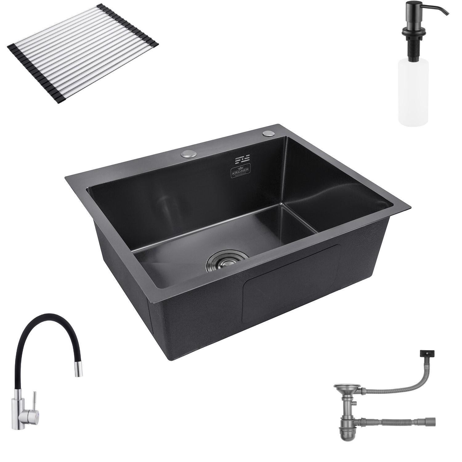 Мойка кухонная Kroner KRP Schwarze 6050HM PVD 30/10 мм и кран для кухни гибкий
