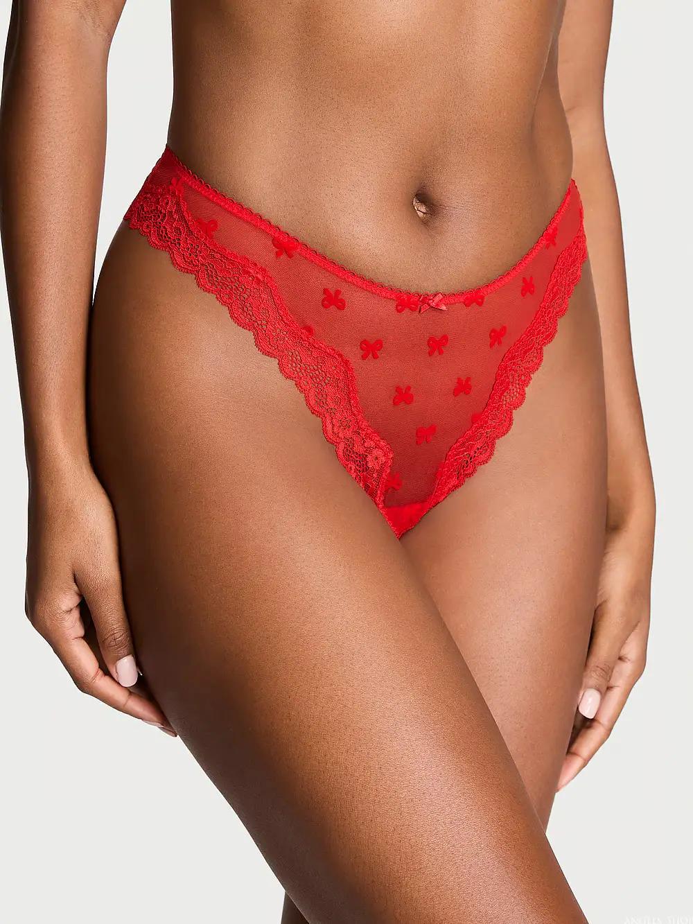 Трусики стринги Victoria's Secret Tease Mesh Lace-Trim High-Leg Thong Panty M Красный (26938946)