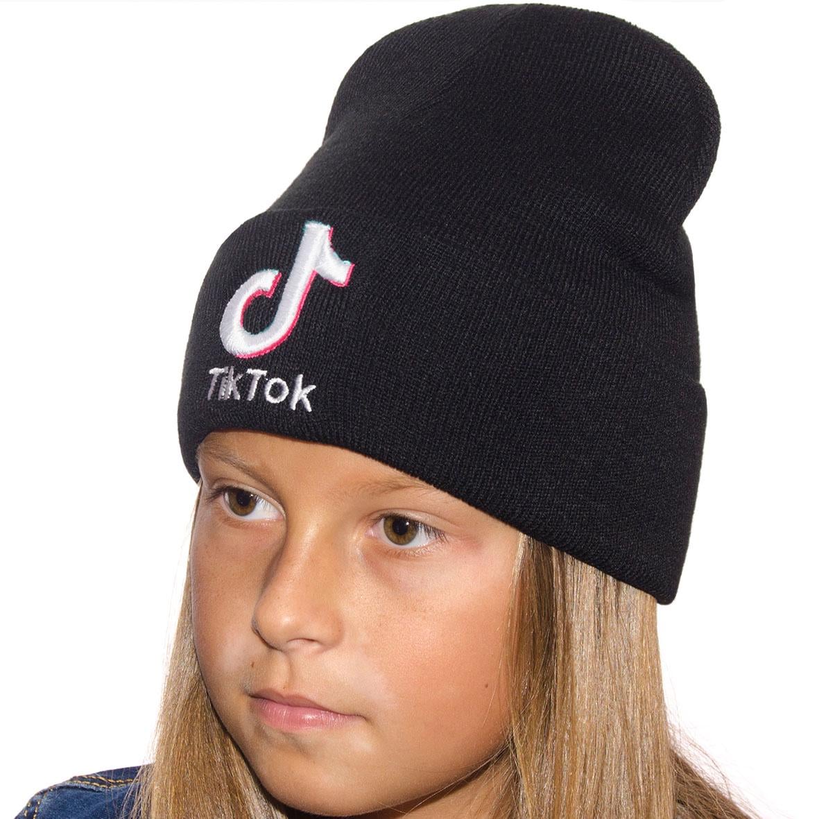 Шапка детская бини двойная LD20032 на манжете с вышивкой Tik Tok S/53-54 см Черный (66593)