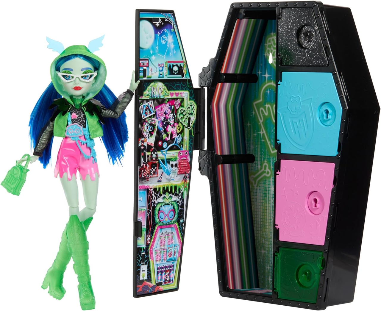 Кукла Monster High Neon Frights Doll & Accessories Ghoulia Yelps with Dress-Up Locker (2430205184)
