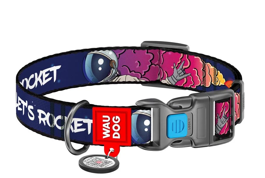 Ошейник для собак нейлоновый WAUDOG Ракета c QR-паспортом пластиковый фастекс XL 25 мм 35-58 см Blue (4504-0125)