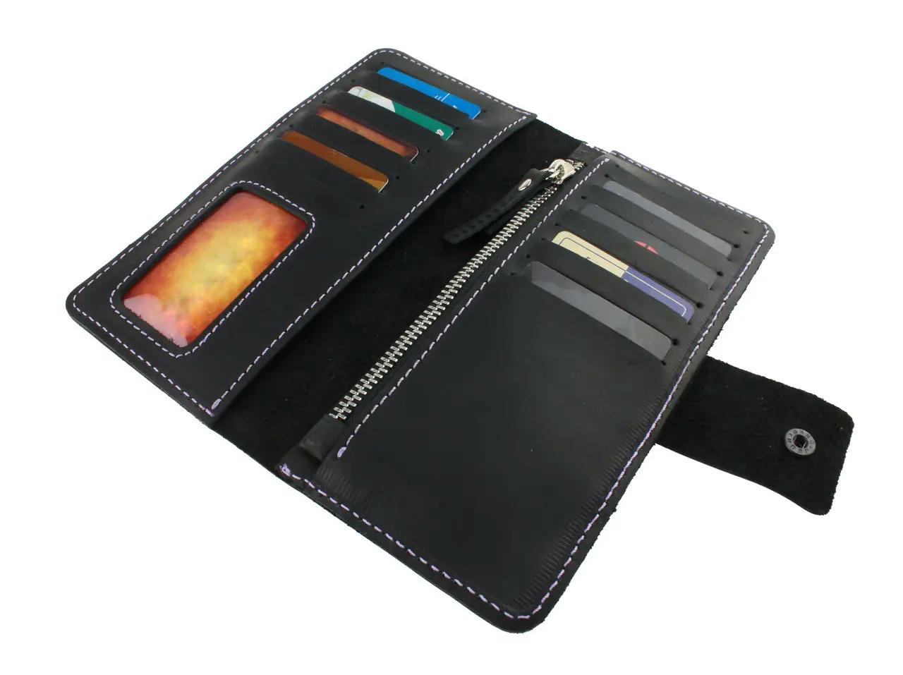 Кошелек FREESKIN кожаный прошит фиолетовой нитью 19х9,5х1 см Черный - фото 3 Кошелек FREESKIN кожаный прошит фиолетовой нитью 19х9,5х1 см Черный - фото 3