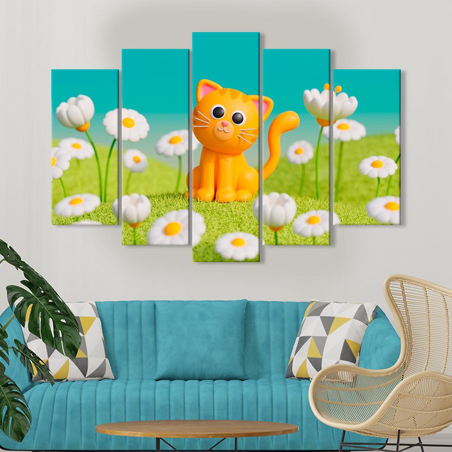 Картина в детскую комнату Рыжий кот на ромашковом поле 137x85 см (A1439-5)