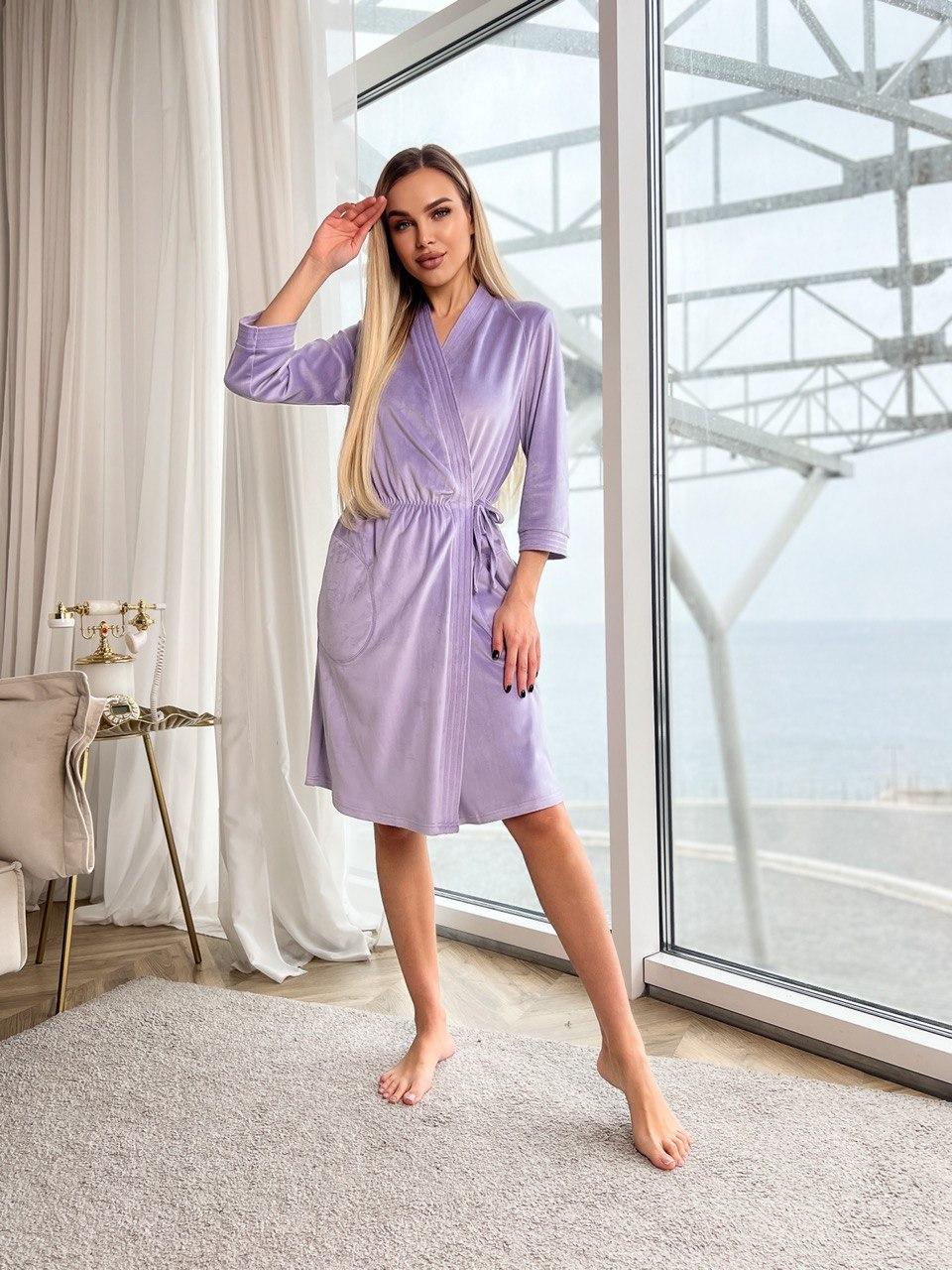 Халат женский Julia Ulich на запах с рукавами три четверти велюровый L Сиреневый (ХВ2_52)