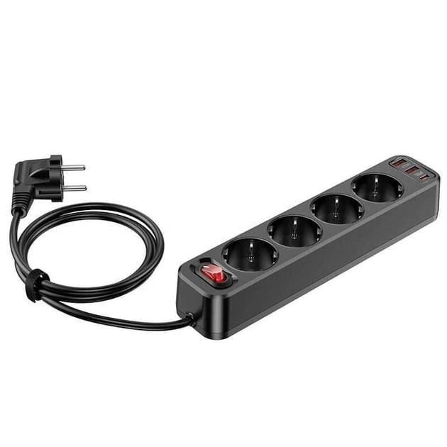 Удлинитель сетевой Hoco NS1 2USB/1Type-C 4000W 20W/3A Power Delivery/Quick Charge 1,8 м Черный - фото 2