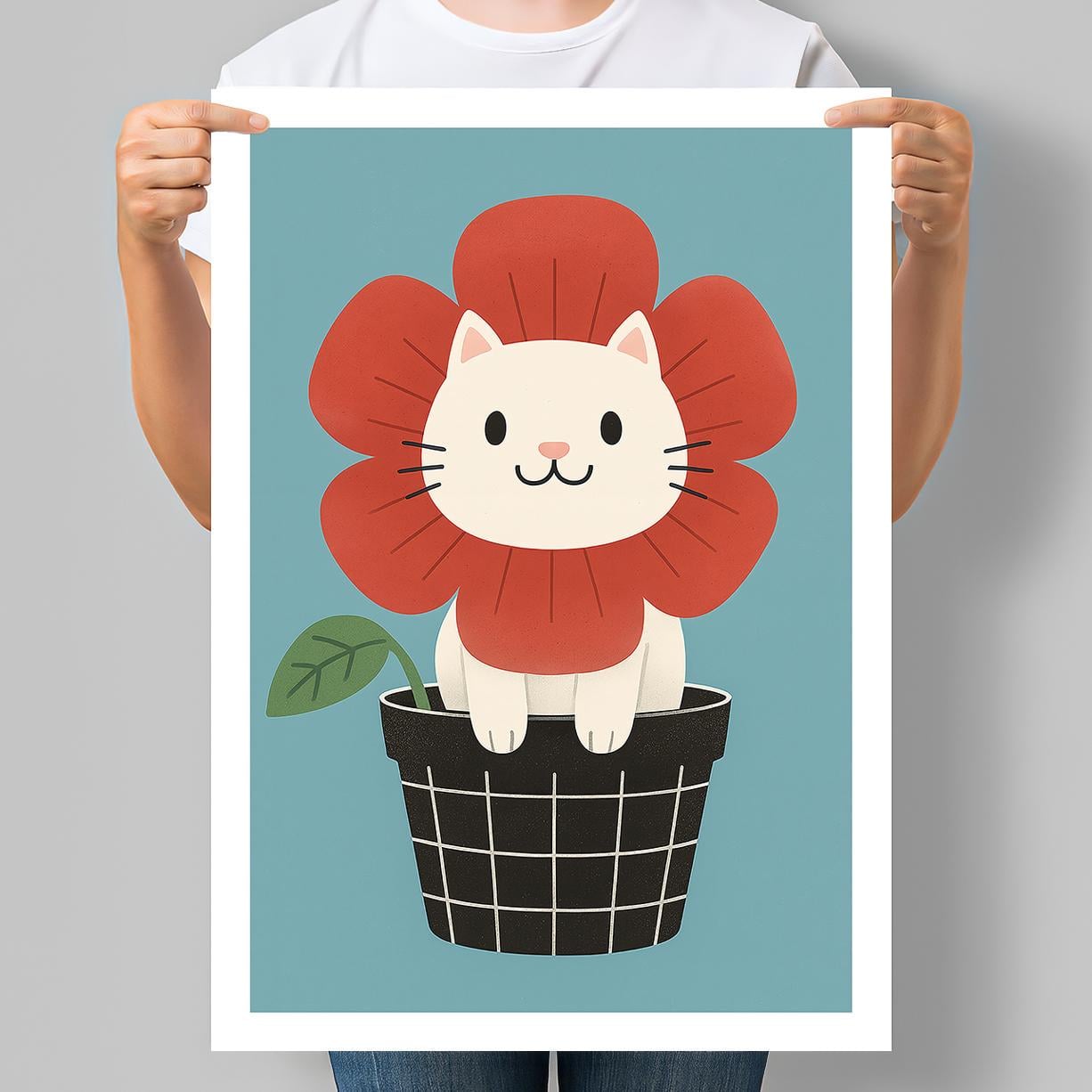 Постер Белый котик в цветочном горшке 42x60 см A2 без рамки (DYT067_A2)