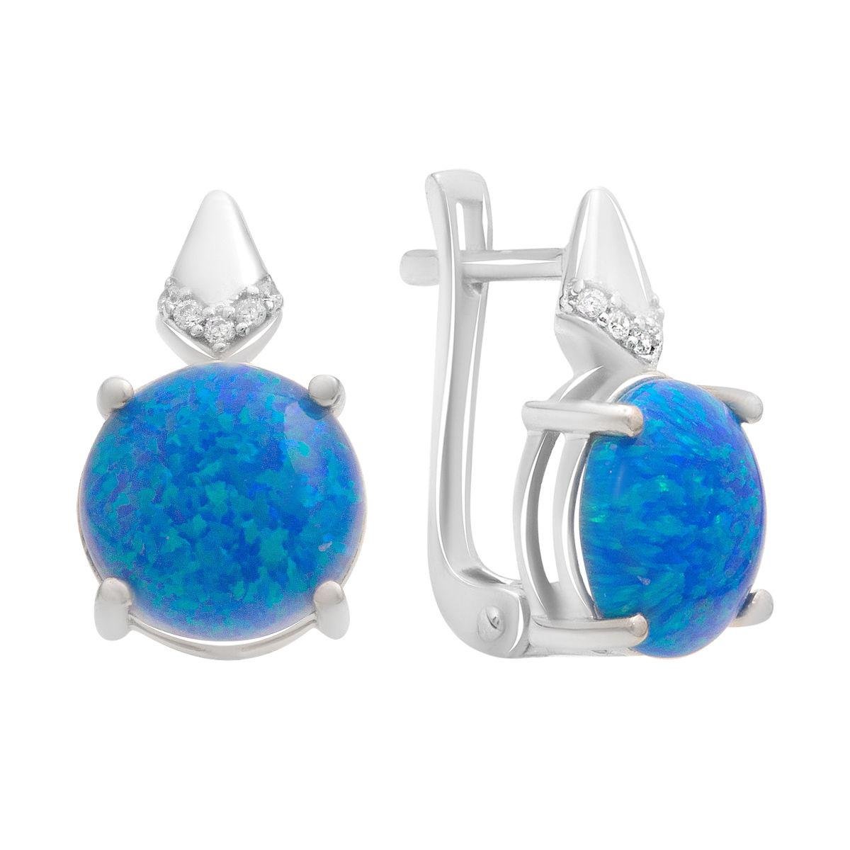 Серьги серебряные LoveR с круглой вставкой синего опалом и фигурным верхом с фианитами