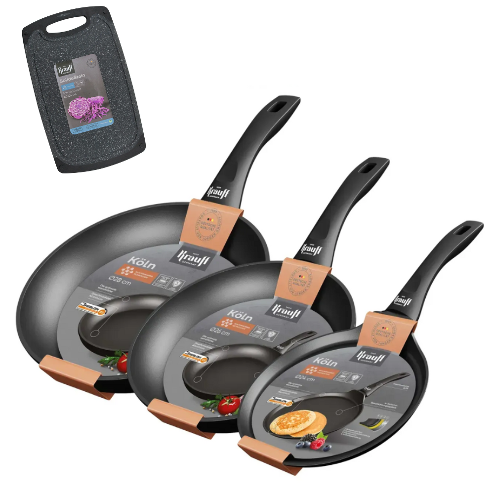 Набір сковорідок Krauff Koln 28/26 см та сковорідка для млинців 24 см з кухонними дошками (55-333-443)