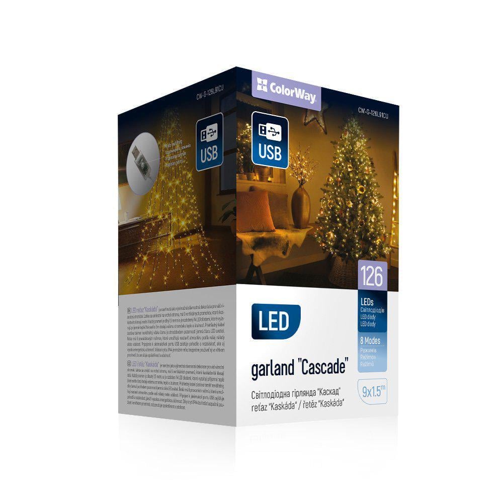 Гирлянда-каскад СolorWay USB LED126 8 функций 9x1,5 м Теплый белый (CW-G-126L91CU)