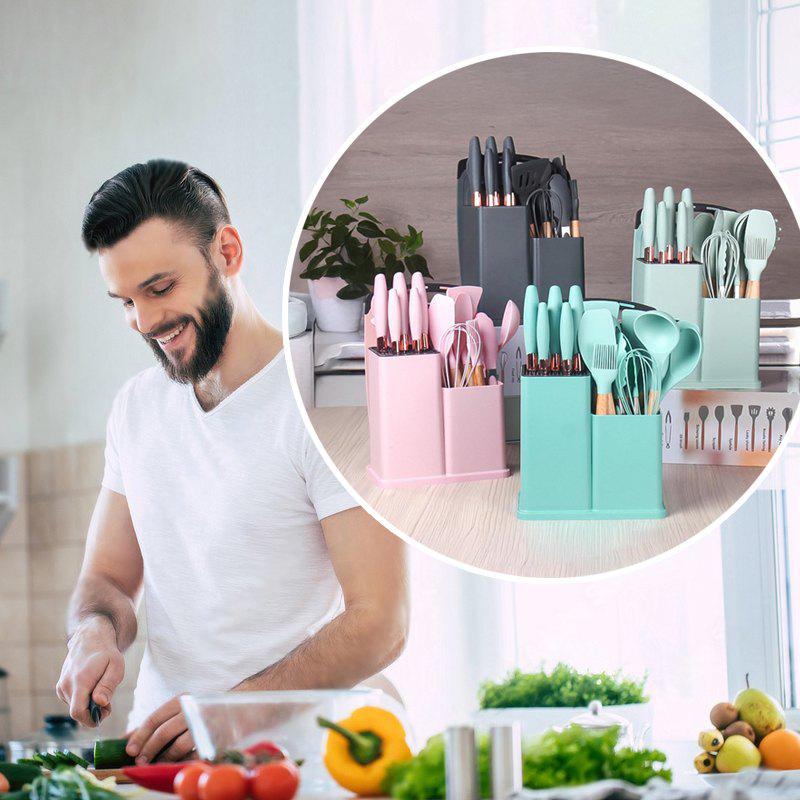 Набір кухонного приладдя 19 предметів силіконові прибори/набір ножів на підставці/дошка для нарізання Green (e2f410f3) - фото 5