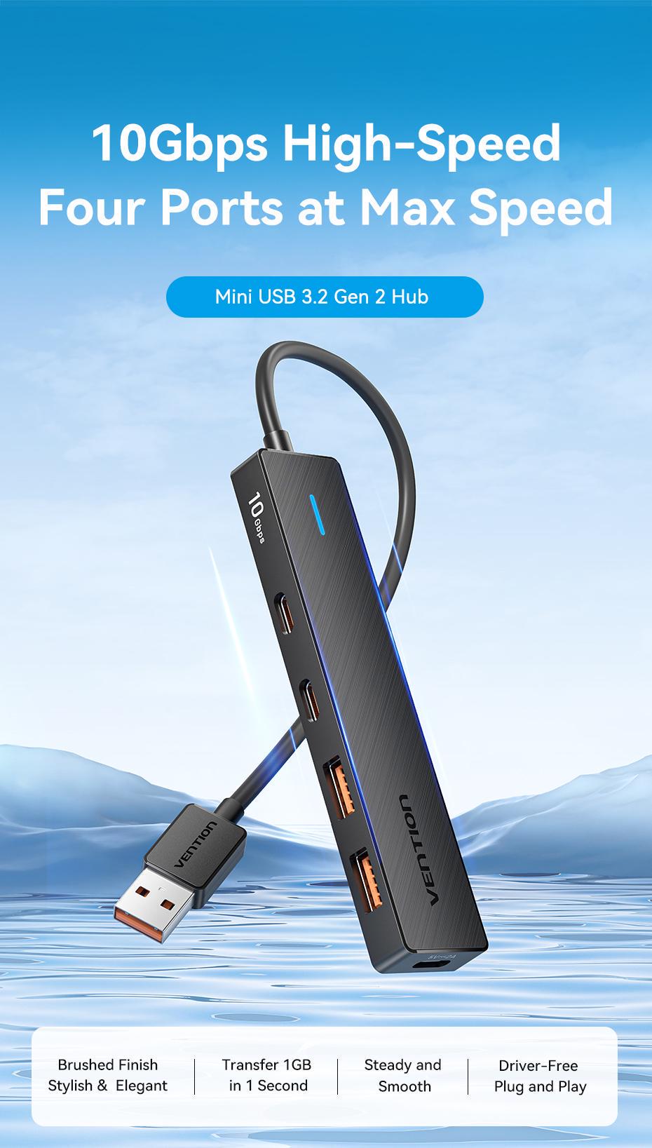 USB-хаб Vention USB-2x USB-A 3.2 Gen2 10 Гбіт/с 2x USB-C 3.2 Gen2 10 Гбіт/с Type-C 10Вт USB-A Чорний (CHSBB) - фото 2