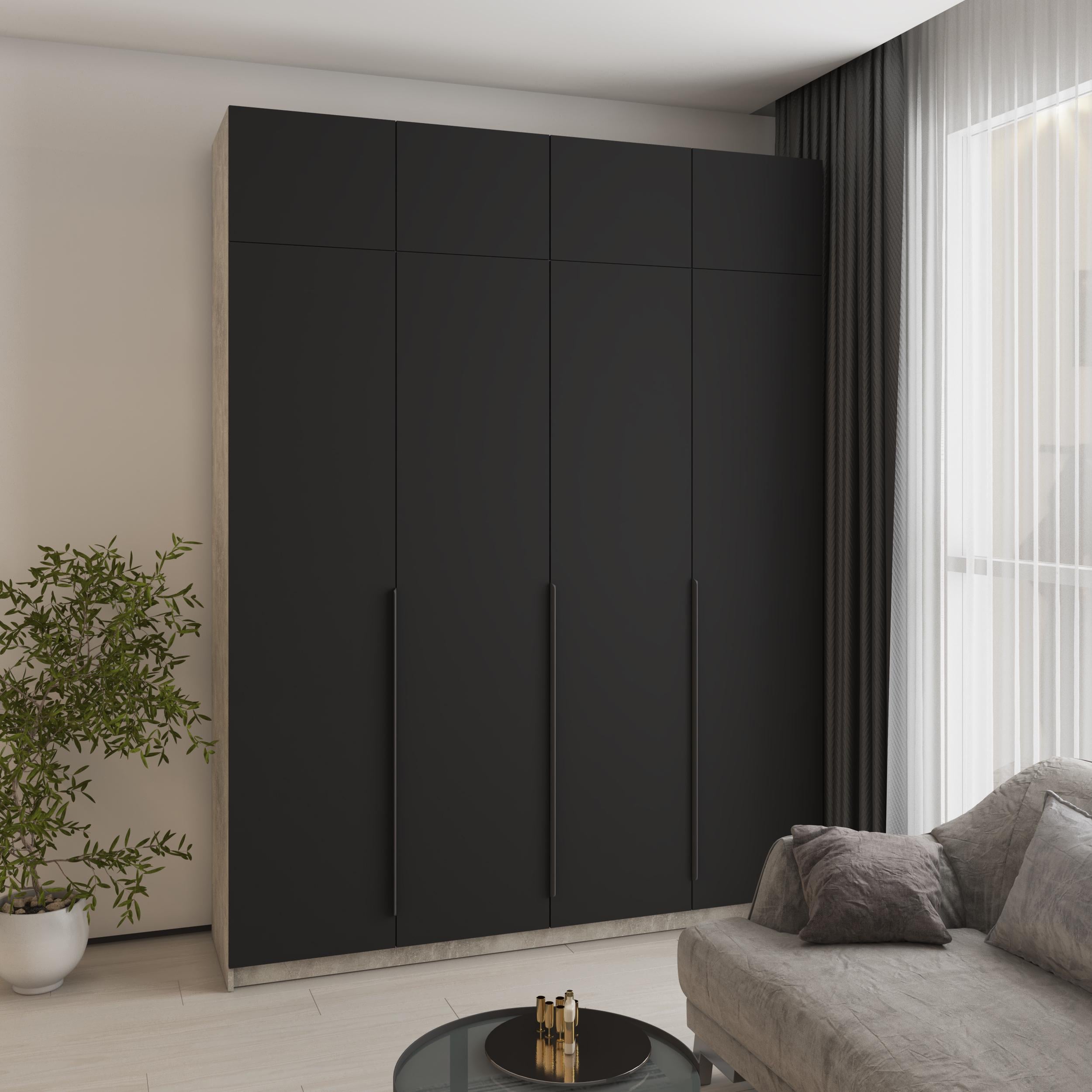Шкаф 4-дверный с антресолью MebelStar Оскар МДФ Ultra Mat BL-B блок ящиков 200x52x260 см Бетон/Черный (MBS-6042)